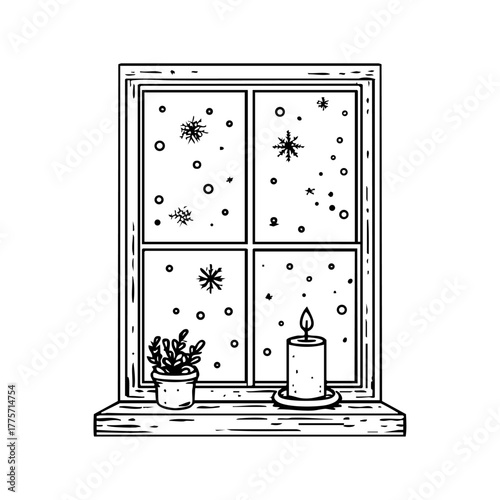 Vector doodle of a wooden framed window with candle and plant on the sill, snow falling outside, capturing the essence of a cozy winter evening.