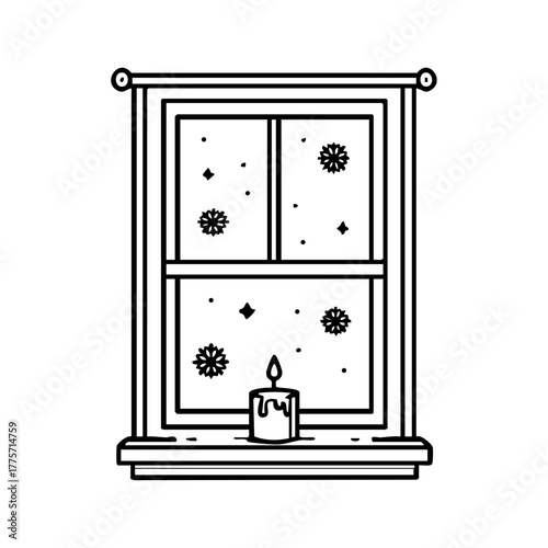 Vector doodle of a candle placed on a windowsill with falling snowflakes outside, representing peaceful winter nights and holiday reflection.