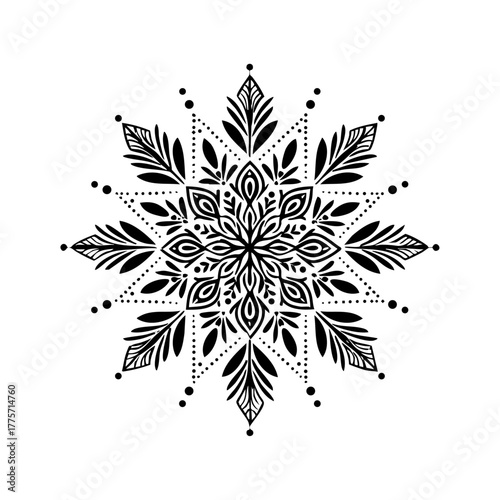 Intricate snowflake pattern with symmetrical decorative details, representing purity, cold beauty, and the elegance of winter design.