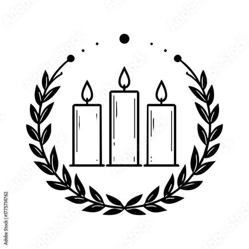 Three lit candles framed by laurel branches symbolizing peace, faith, and warmth during the holiday and Advent season.