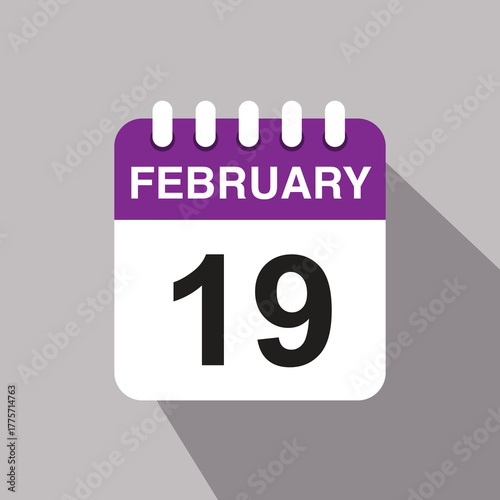 19 february calendar date icon. vector illustration with shadow design