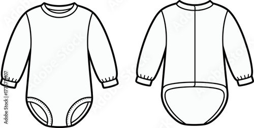 Baby onesie, long sleeve infant bodysuit, front and back view, technical drawing, fashion flat, vector template, garment construction, apparel design