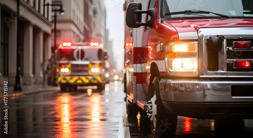 Emergency Response Fire Trucks and Ambulance on Rainy City Streets