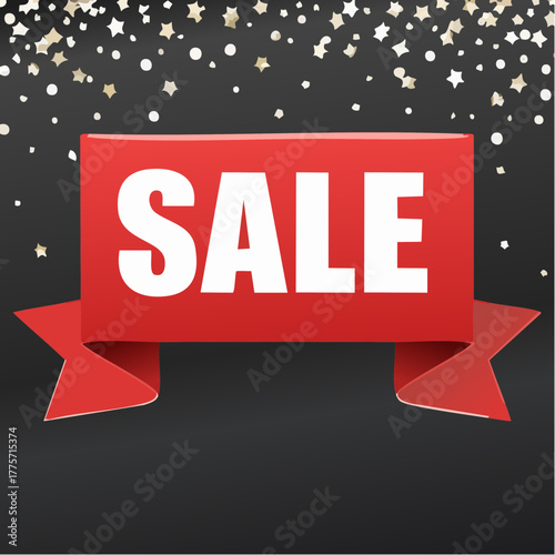 A bold �Sale� banner is draped across a plain black background with confetti and sparkles.