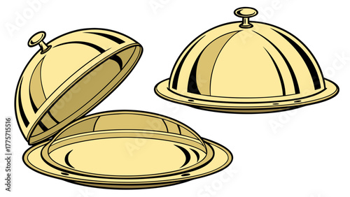 gold serving platter with dome cloche lid vintage restaurant illustration fine dining style
