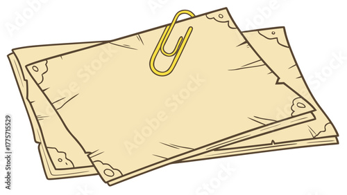 vintage stacked note papers with gold paper clip illustration hand drawn style beige stationery