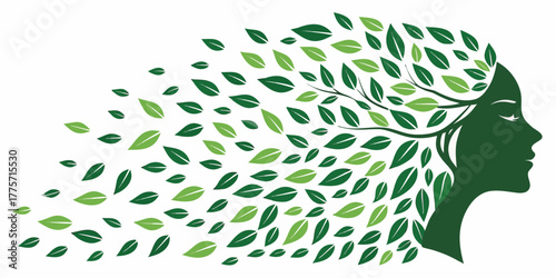 woman silhouette profile with flowing green leaves hair nature transformation environmental concept illustration