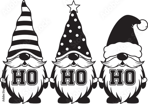 Three Christmas Gnomes "Ho Ho Ho" Black and White Graphic