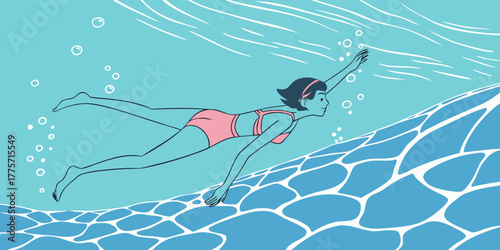 underwater swimming woman illustration in turquoise ocean with flowing water lines and bubbles