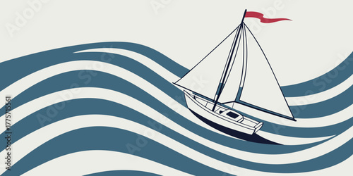 minimalist nautical sailboat illustration with navy blue waves on beige background