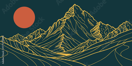 minimalist mountain landscape line art illustration with golden contours and sunset nature poster design