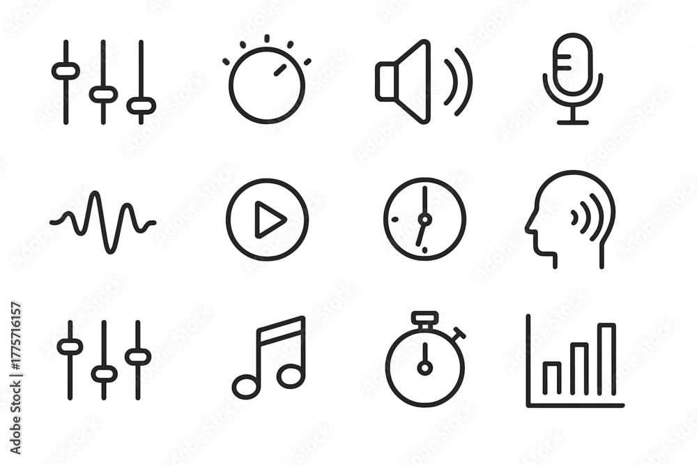 Fototapeta premium Audio Icon Set. Audio control. Line outline icon set of audio control: equalizer, volume knob, speaker,