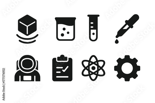 Zero-G Icon Set. Zero-g materials testing. Filled icon set of zero-g materials testing: floating cube, beaker,