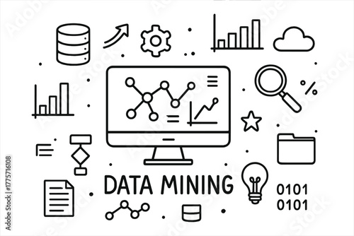 Data Mining Doodles. Data mining systems. Hand-drawn doodle illustration of data mining systems. In the middle
