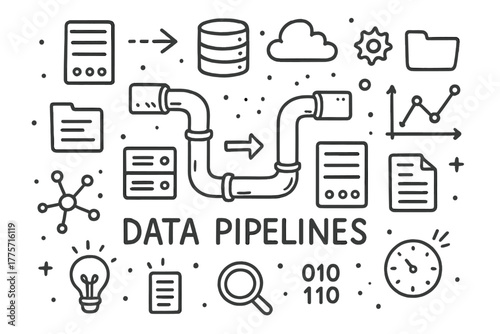 Data Pipelines Doodle. Data pipelines. Hand-drawn doodle illustration of data pipelines. In the middle, one