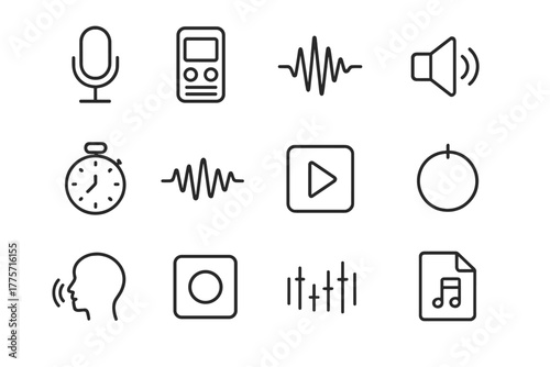 Voice Recording Icons. Voice recording. Line outline icon set of voice recording: microphone, recorder, sound