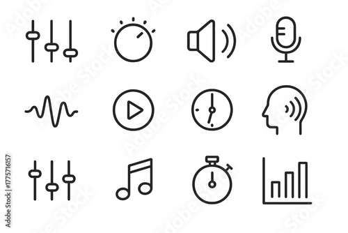 Audio Icon Set. Audio control. Line outline icon set of audio control: equalizer, volume knob, speaker,