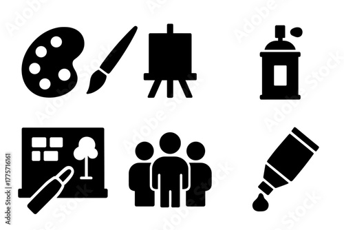 Collaborative Art Icons. Collaborative art. Filled icon set of collaborative art: artist palette, paintbrush,
