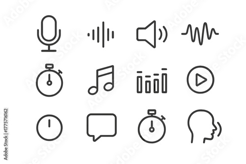 Voice and Sound Icons. Voice pitch and pace. Line outline icon set of voice pitch and pace: microphone, sound