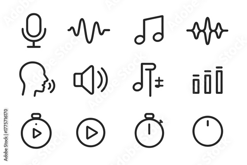 Voice Improvement Icons. Voice improvement. Line outline icon set of voice improvement: microphone, waveform,