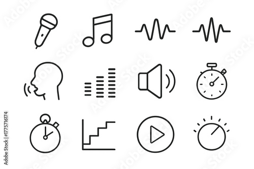 Vocal Training Icons. Vocal training. Line outline icon set of vocal training: microphone, musical note, sound