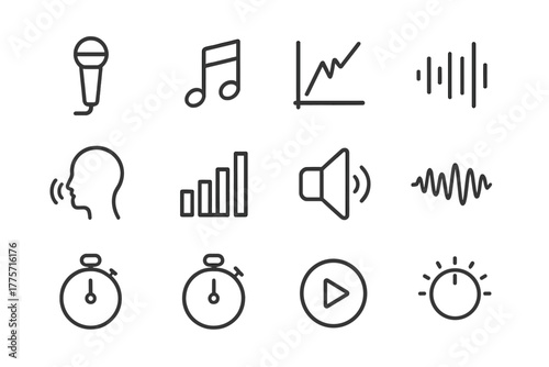 Vocal Pitch Icons. Vocal pitch. Line outline icon set of vocal pitch: microphone, musical note, pitch scale,