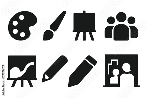 Art Collaboration Icons. Art collaboration. Filled icon set of art collaboration: palette, paintbrush, canvas,