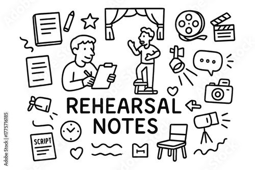 Rehearsal Doodles. Rehearsal notes. Hand-drawn doodle illustration of rehearsal notes. In the middle, one