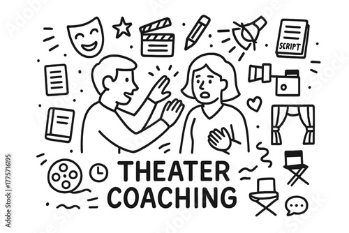 Theater Coaching Doodle. Theater coaching. Hand-drawn doodle illustration of theater coaching. In the middle,