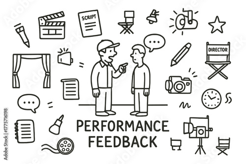Director's Feedback Doodle. A director giving feedback to an actor on their performance. Hand-drawn doodle