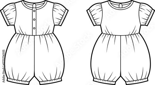 Baby romper fashion illustration, front and back view, technical sketch, button placket, gathered waist, elastic hem, infant clothing design