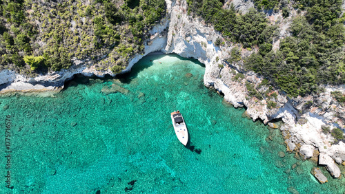 Aerial drone photo of amazing organised sandy beach of Wolf rocks with emerald crystal clear sea, Zakinthos island, Ionian, Greece