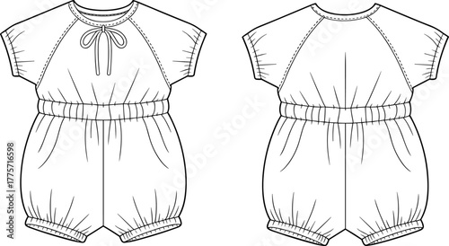 Baby romper fashion illustration, front and back view, technical sketch, garment design, elastic waist, bow detail, raglan sleeve, vectort