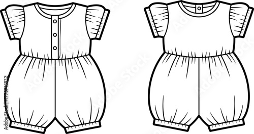 Baby romper fashion illustration, puff sleeve infant clothing, front button and back closure design, cute toddler outfit template, vector artwork