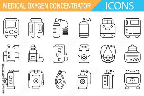 Medical oxygen supply system vector outline collection