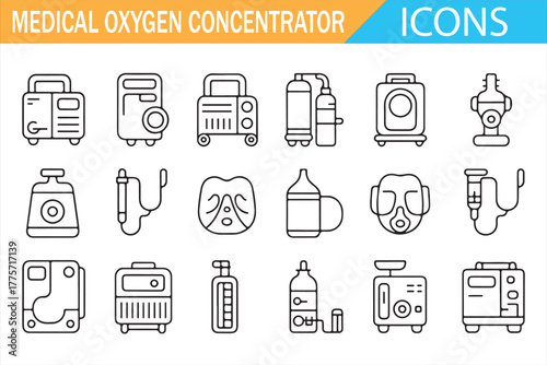 Clean modern line icons of oxygen machines and cylinders for healthcare