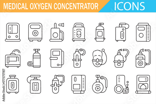 Set of medical oxygen concentrator icons in modern linear style showing portable and stationary oxygen therapy equipment, cylinders, masks, and health devices for hospitals and home healthcare use