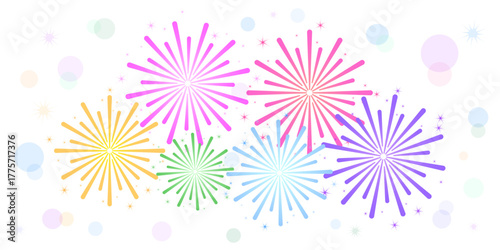 Colorful fireworks explosion with sparkling stars and glitter bursts on white background. Festive vector illustration for celebration, New Year, birthday, party, holiday, event or festival design.