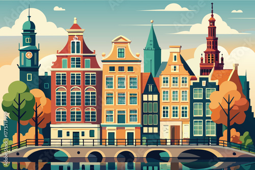 Amsterdam view. Landskape and attractions. Vector illustration.