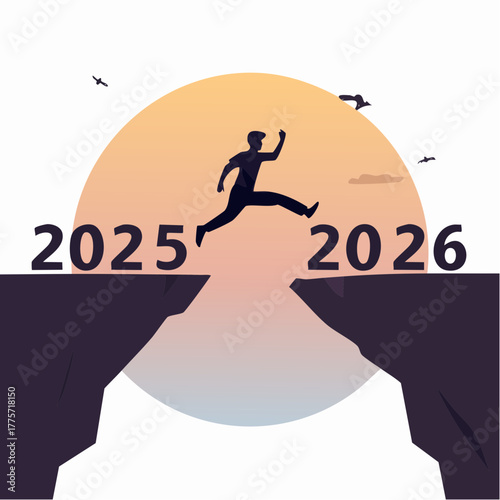 Silhouette of a person jumping between 2025 and 2026 over a gap with a sunset new year leap