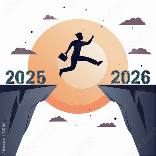 Silhouette of a businessman jumping from 2025 to 2026 with a briefcase and clouds new year leap