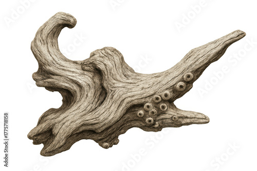 Weathered driftwood root resembling a fantastical tentacle with organic suction cup shapes on transparent background