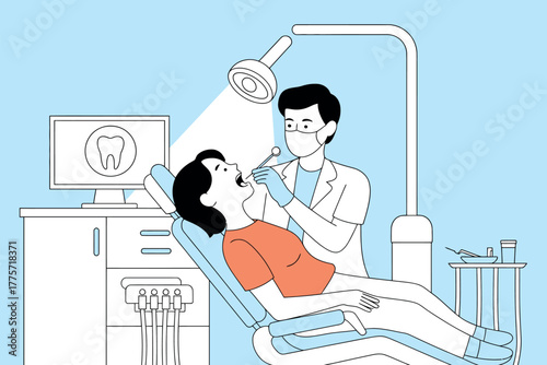 A dentist examines a patient's teeth in a brightly lit examination room.