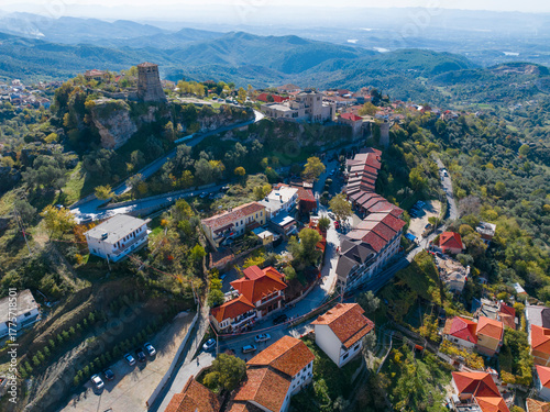 Albania traditional folk market bazaar Krujë drone roof top in blue sky
