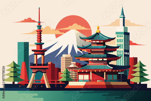 Tokyo view. Landskape and attractions. Vector illustration.
