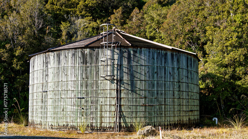 Wooden planked water storage tank, New Zealand.