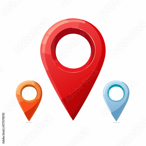 Three 3D Map Location Pins in Red Orange and Blue on White Background map pin location marker