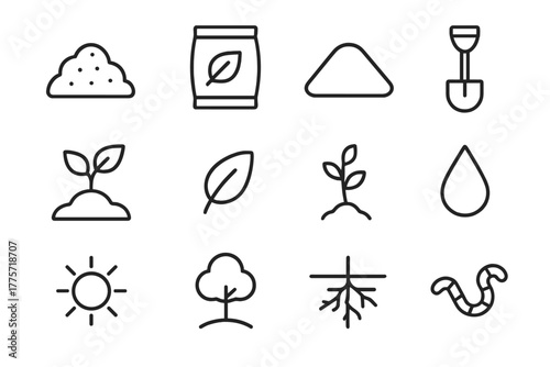 Soil Enrichment Icons. Soil enrichment. Line outline icon set of soil enrichment: compost, fertilizer bag,