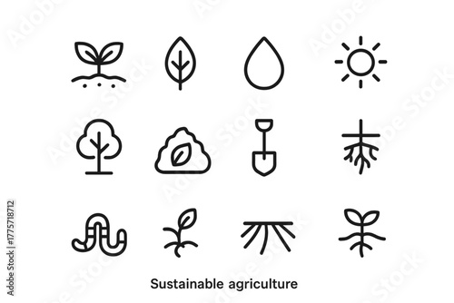 Sustainable Agriculture Icons. Sustainable agriculture. Line outline icon set of sustainable agriculture: soil