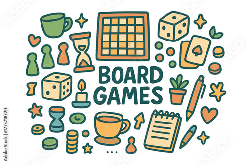 Colorful Board Game Doodles. Board Games. Hand-drawn doodle illustration of board games. Dice, board, pawns,
